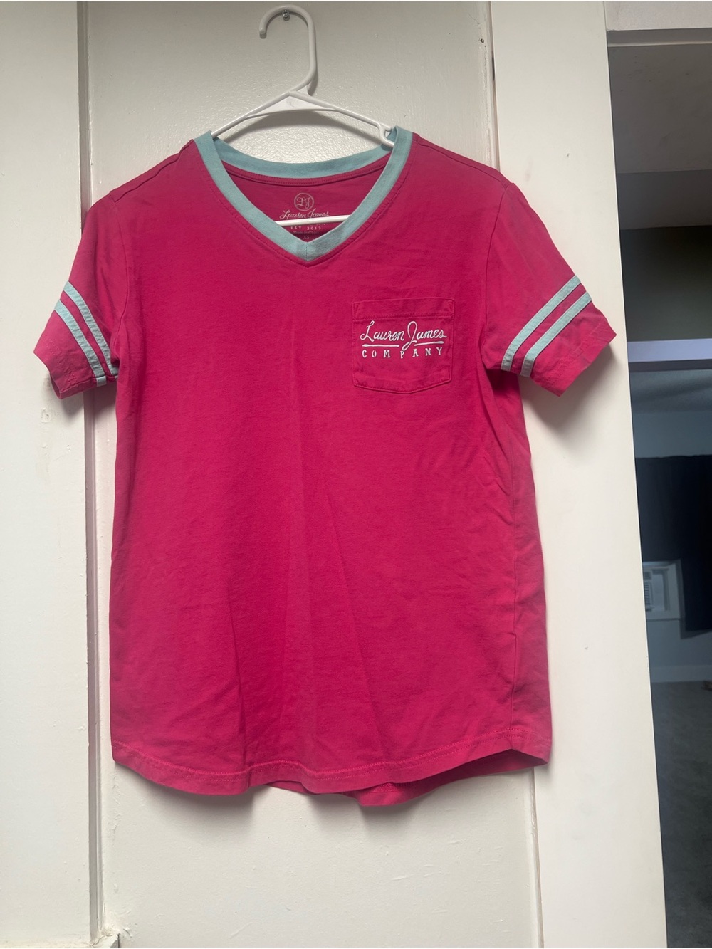Lauren James Bright Pink V-Neck Tee with Mint Trim